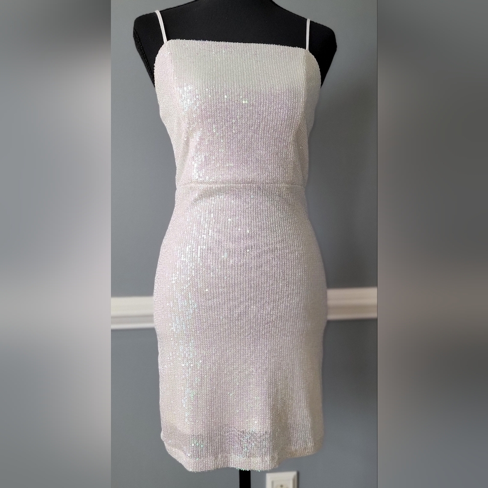 Iridescent White Sequin Spaghetti-Strap Mini Dress